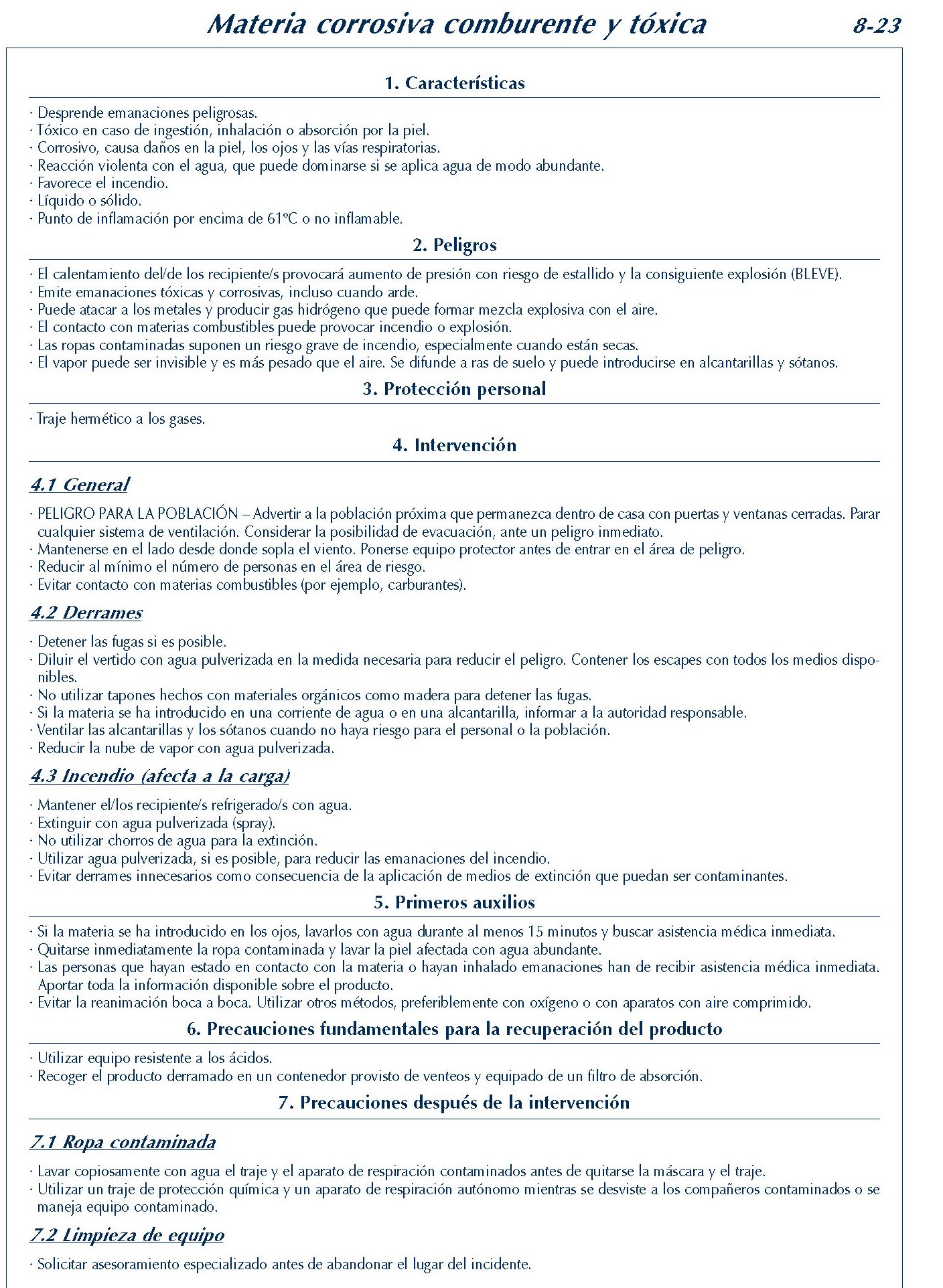 325 FICHA 8-23 MATERIA CORROSIVA COMBURENTE TOXICA FICHAS EMERGENCIA